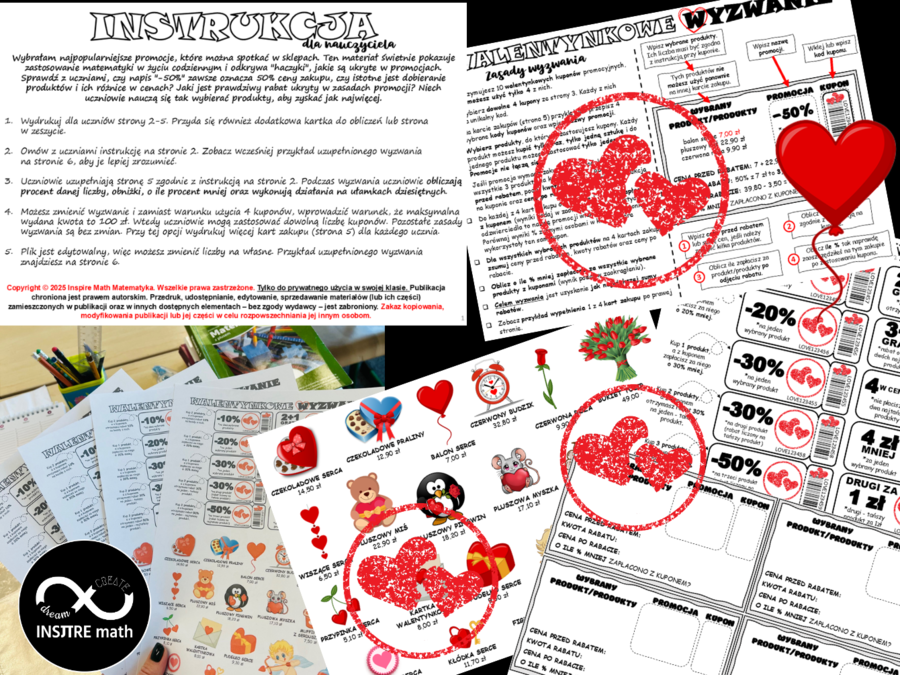 Walentynkowe wyzwanie. Matematyczne Walentynki. Procenty, obniżki, promocje, procent danej liczby, o ile procent mniej.