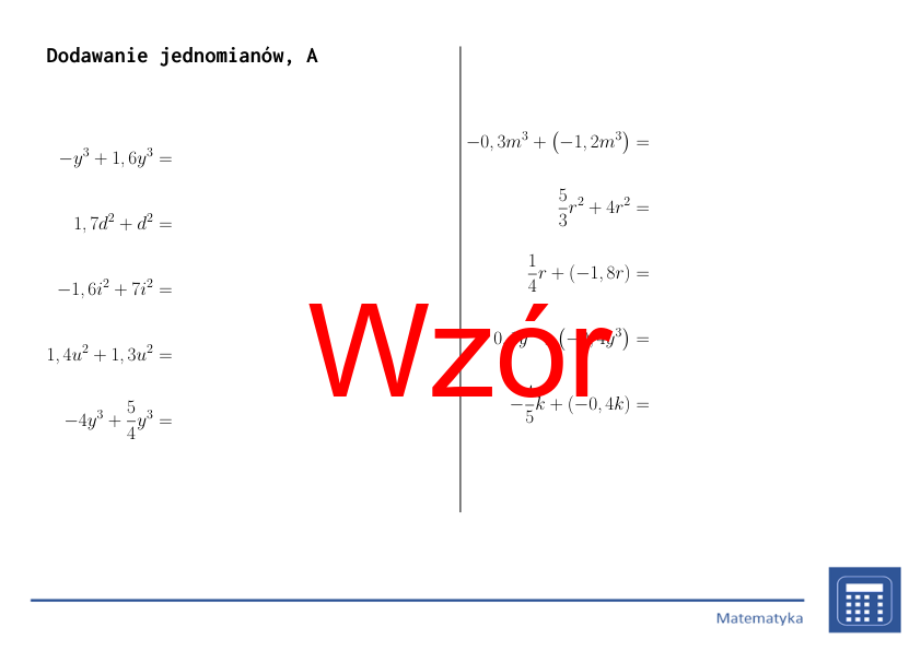 Dodawanie jednomianów | matematyka, algebra | 26 kolumn