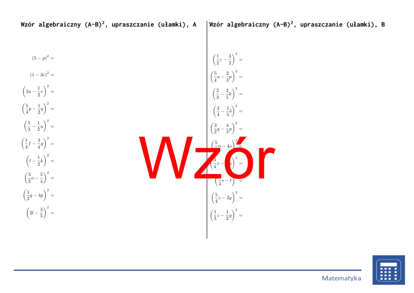 Wzór algebraiczny (A-B)^2, upraszczanie (ułamki) | matematyka, algebra | 26 kolumn