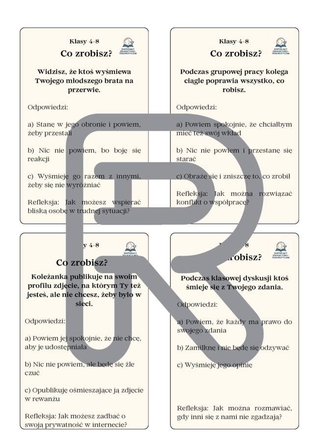 Karty sytuacyjne terapeutyczne „Co zrobisz?” dla uczniów kl.4-8 – TUS, zajęcia rozwijające kompetencje emocjonalno-społeczne, świetlica, rewalidacja, godzina wychowawcza, terapia