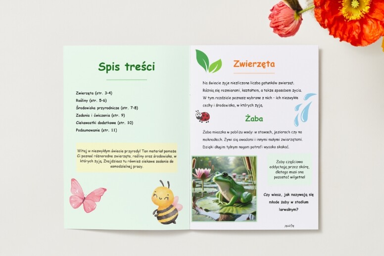 Zwierzęta, rośliny, środowiska przyrodnicze. Ilustracje, krótkie opisy i ciekawostki.