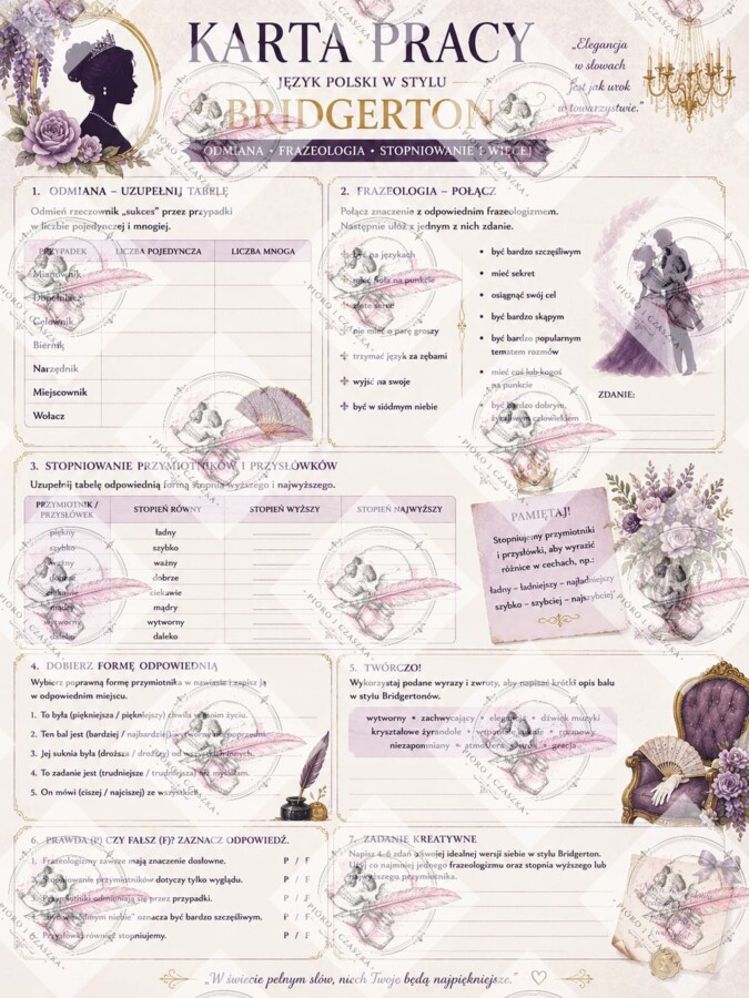 Karty pracy z Bridgertonami homonimy, synonimy, stopniowanie, deklinacja itd.