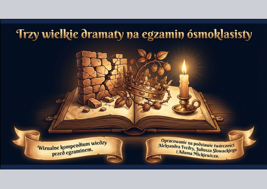 🎭DRAMAT na egzaminie - Zemsta - Balladyna - Dziady cz. II + teoria - prezentacja multimedialna(24 slajdy)