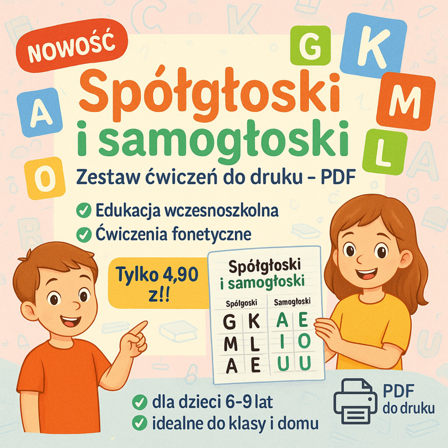 Spółgłoski i samogłoski. Karta pracy. Sprawdzian