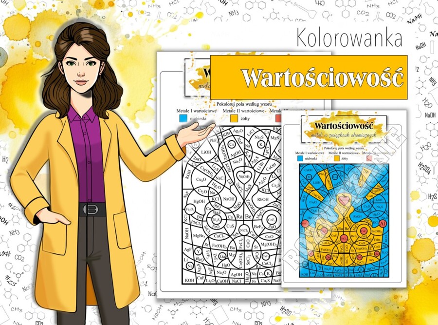 Klasa 7. Klasa 8. Chemia. Wartościowość metali w związkach chemicznych i zgodnie z położeniem w układzie okresowym. Chemiczna kolorowanka. Karta pracy. Zadanie.