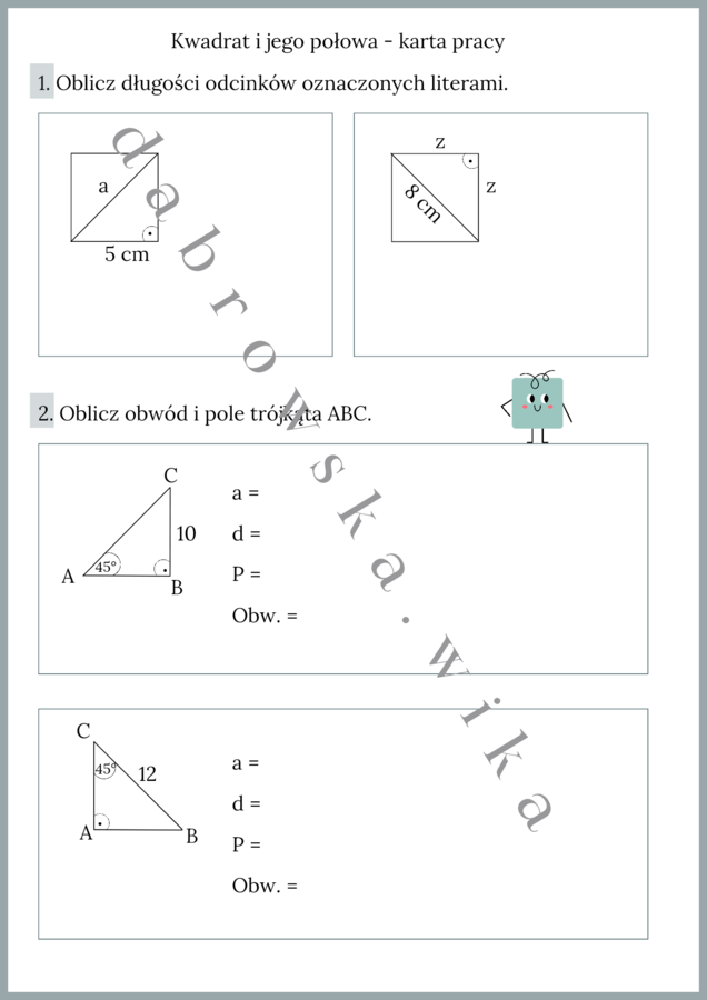 Kwadrat i jego połowa - karta pracy