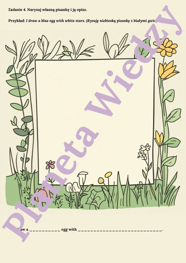 WIELKANOCNA KARTA PRACY- EASTER WORKSHEET_KLASY 1-3: EASTER EGG HUNT, ćwiczenie znajomość kolorów oraz przyimków miejsca, rysowanie własnej pisanki+ ODPOWIEDZI