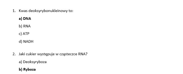 Test- Chemizm życia. Składniki organiczne- DNA i RNA