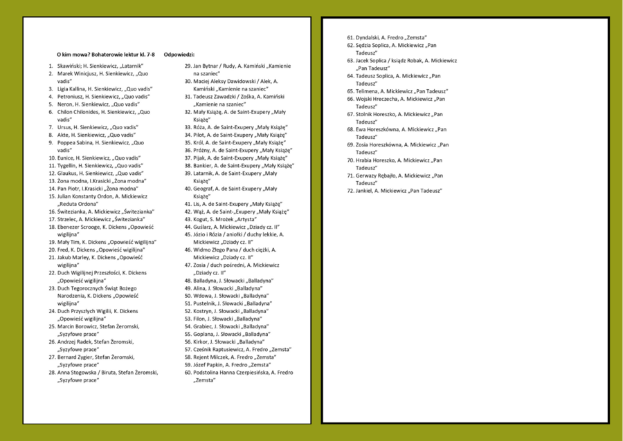 O KIM MOWA? – bohaterowie – LEKTURY obowiązkowe i uzupełniające – kl. 4-8 – gra „5 sekund” - 126 fiszek + ODPOWIEDZI - egzamin - powtórka