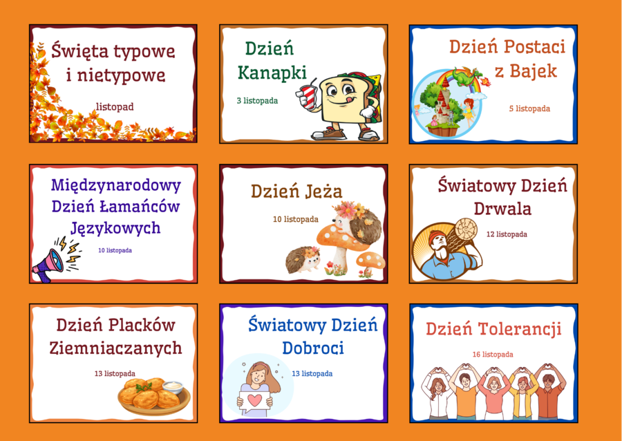 ŚWIĘTA TYPOWE I NIETYPOWE – LISTOPAD – napisy – gazetka – dekoracja – BIBLIOTEKA – świetlica - przedszkole 17 stron