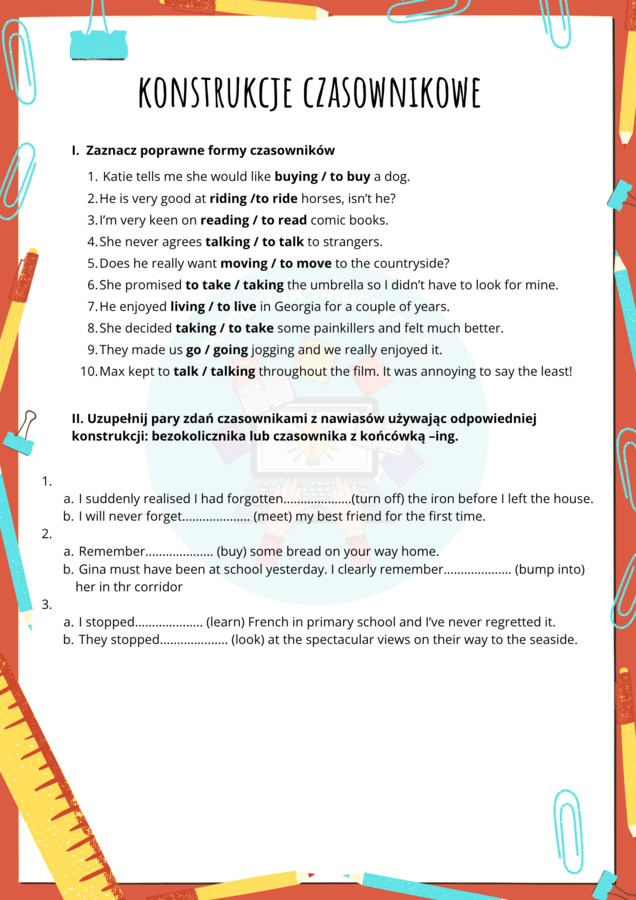 Konstrukcje czasownikowe gerund/infinitive