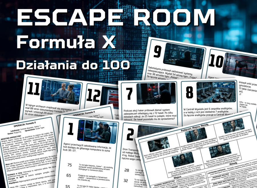 ESCAPE ROOM - Operacja "Formuła X" - Dodawanie, odejmowanie, tabliczka mnożenia i dzielenia w zakresie do 100 - Detektywistyczne Stacje Zadaniowe, klasa 3, 4, koniec roku, początek roku, zastępstwo