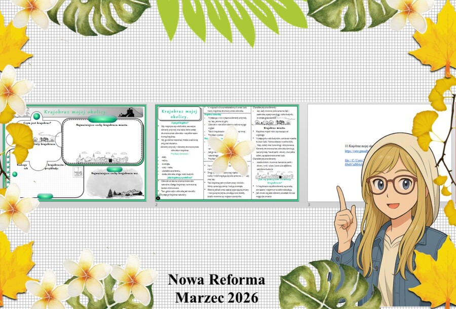 Mały zestaw na jedną lekcję: sketchnotka/notatka/przypomnienie dla nauczyciela, karta pracy plus prezentacja multimedialna „Krajobraz mojej okolicy” w pdf. Przyroda "Odkrywam przyrodę". Klasa 4. Dział „Moja okolica".