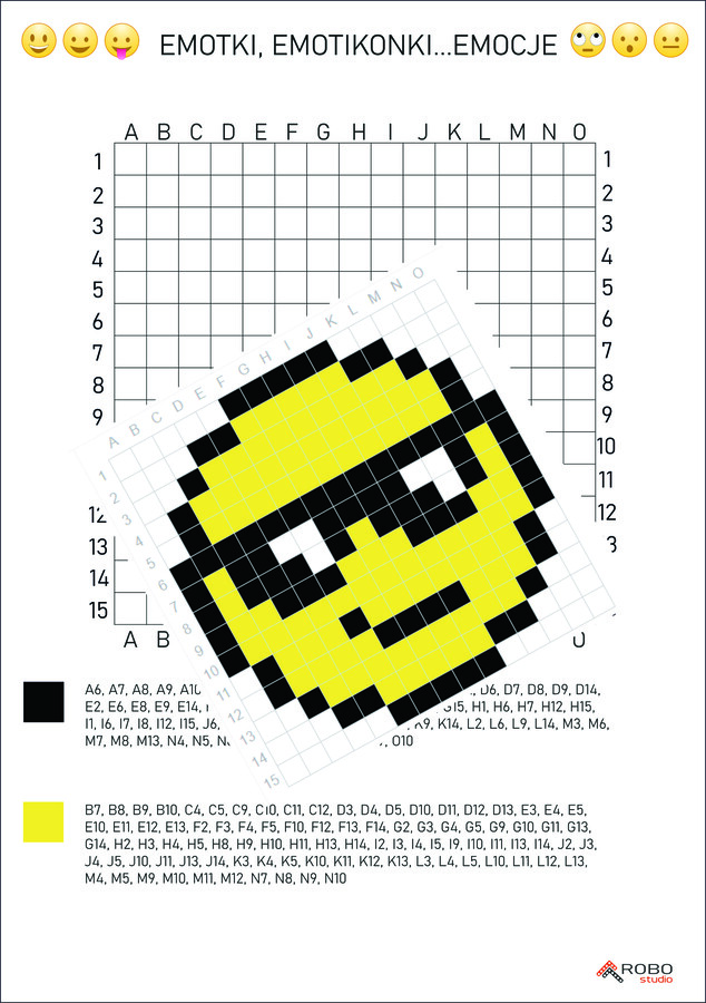 kodowanka EMOTKA, emotikon, emocje, buźka, dyktando graficzne, kolorowanka wg współrzędnych