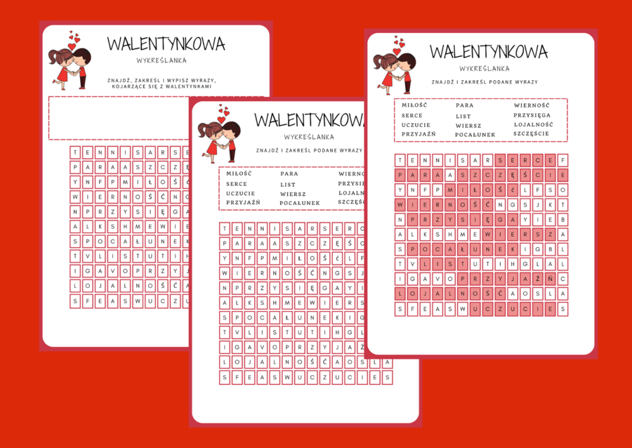 WYKREŚLANKA – WALENTYNKI – ćwiczenia redakcyjne, ortograficzne