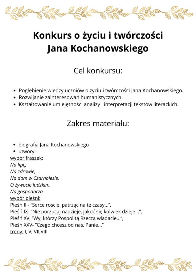 Konkurs o życiu i twórczości Jana Kochanowskiego + dyplomy