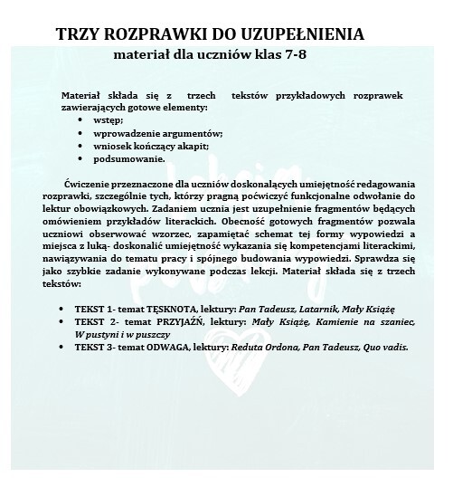 TRZY ROZPRAWKI DO UZUPEŁNIENIA: TĘSKNOTA, PRZYJAŹŃ, ODWAGA.