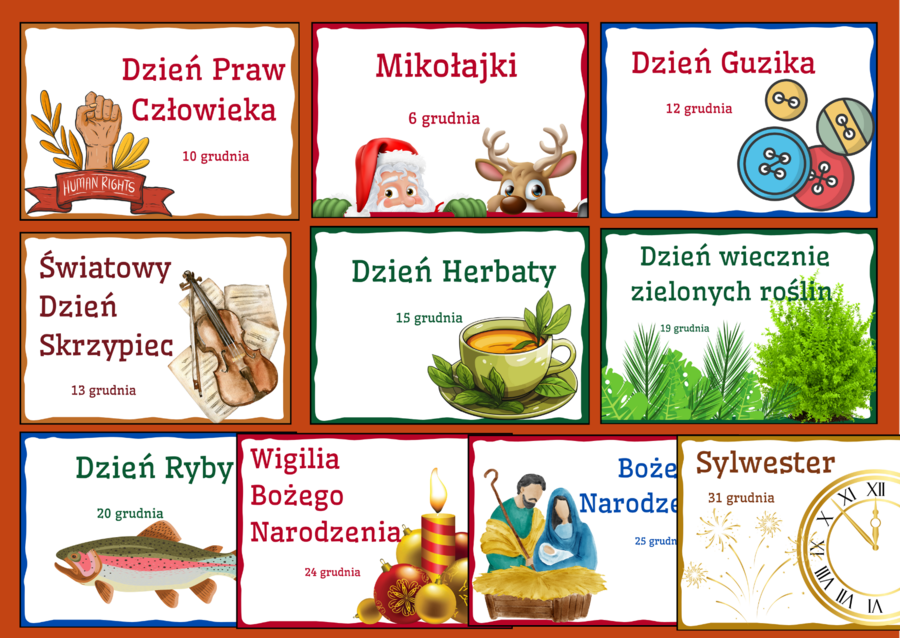 ŚWIĘTA TYPOWE I NIETYPOWE – GRUDZIEŃ – napisy – gazetka – dekoracja – BIBLIOTEKA – świetlica – przedszkole 19 stron