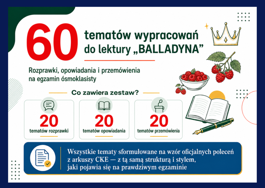 ✒️60 tematów wypracowań do lektury - BALLADYNA - Rozprawka, opowiadanie i przemówienie - egzamin ósmoklasisty