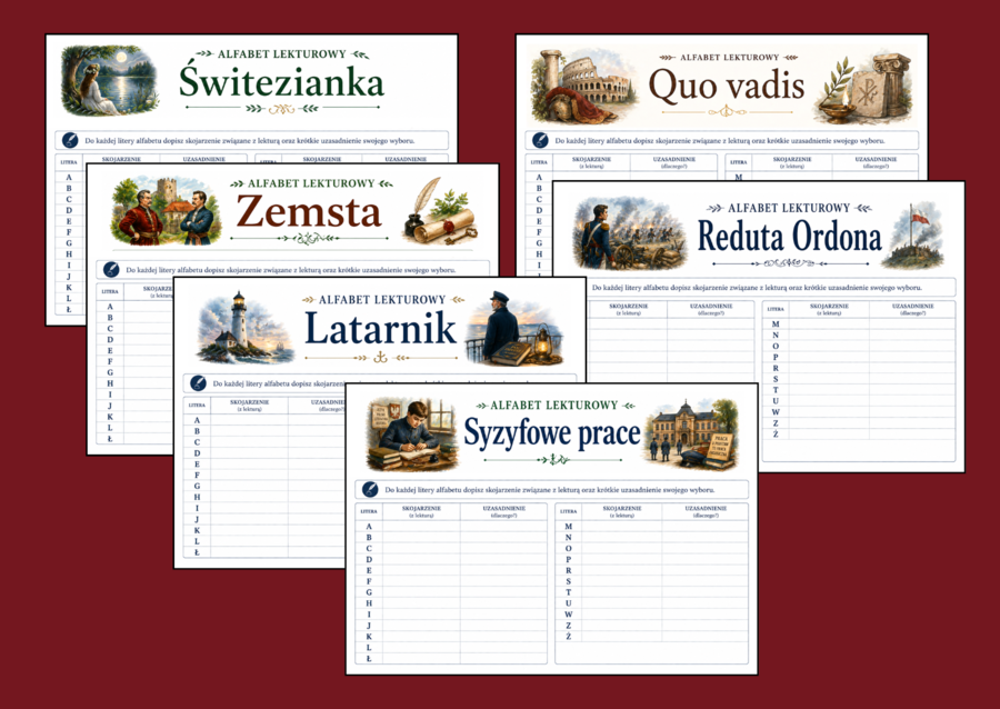 🔥ALFABET LEKTUROWY – karty pracy do 12 lektur (klasy 7–8) - wersja 1