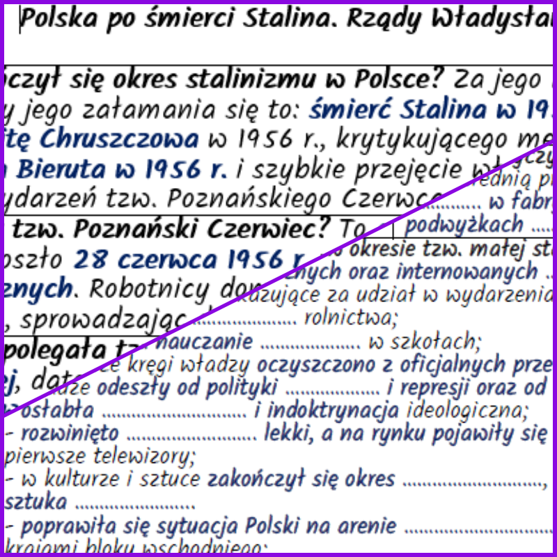 Polska po śmierci Stalina. Rządy Władysława Gomułki - notatki i karta pracy