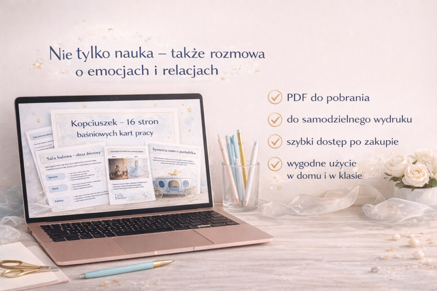 Kopciuszek – kreatywne karty pracy PDF do druku | język polski, matematyka i plastyka | klasy 1–3