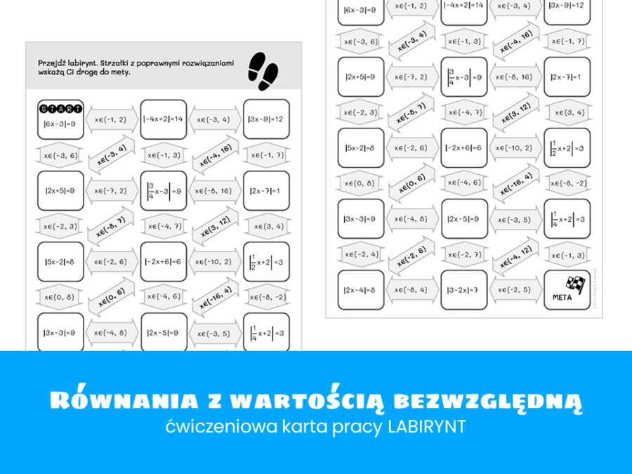 Matematyka Klasa 1. Równania z wartością bezwzględną. Ćwiczeniowa karta pracy. Labirynt, Szkoła ponadpodstawowa. Liceum. Technikum