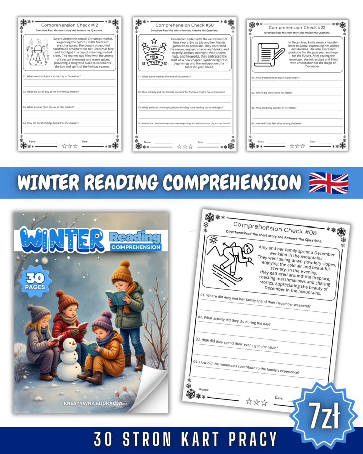 WINTER READING COMPREHENSION – Czytanie że zrozumieniem po angielsku ❄️🇬🇧 30 stron PDF