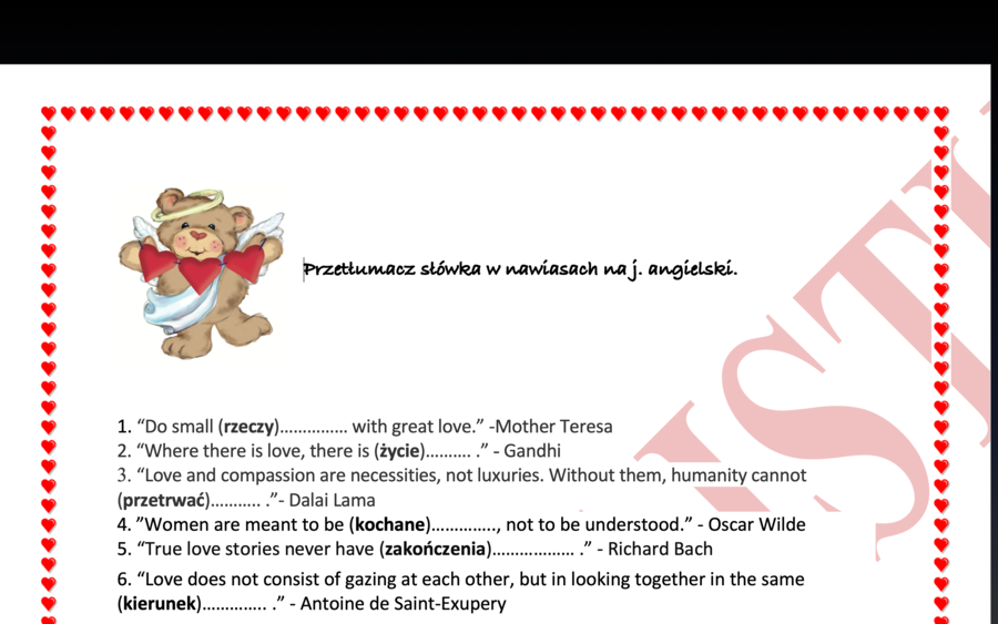 Cytaty o miłości - Love quotations- ze słówkami do przetłumaczenia w nawiasach+ KLUCZ