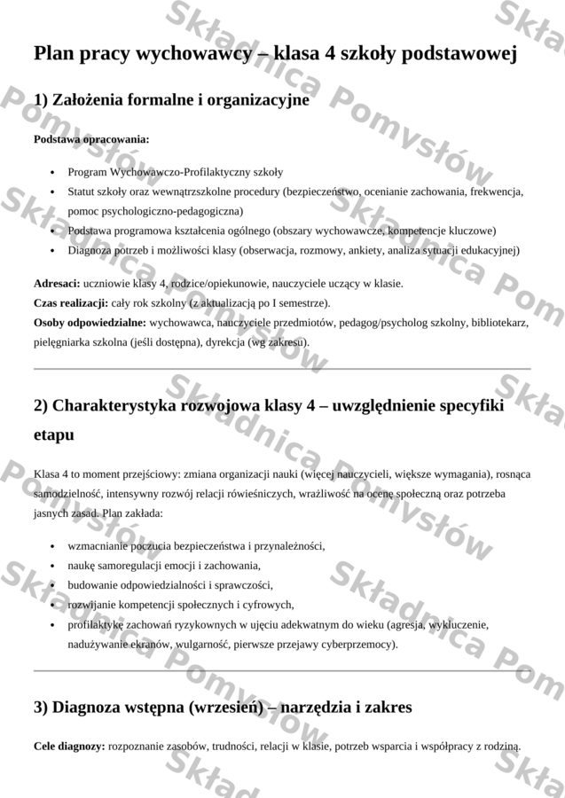 ROCZNY PLAN PRACY WYCHOWAWCY - klasa 4 (DOCX, edytowalny); plan pracy wychowawczej; godziny wychowawcze