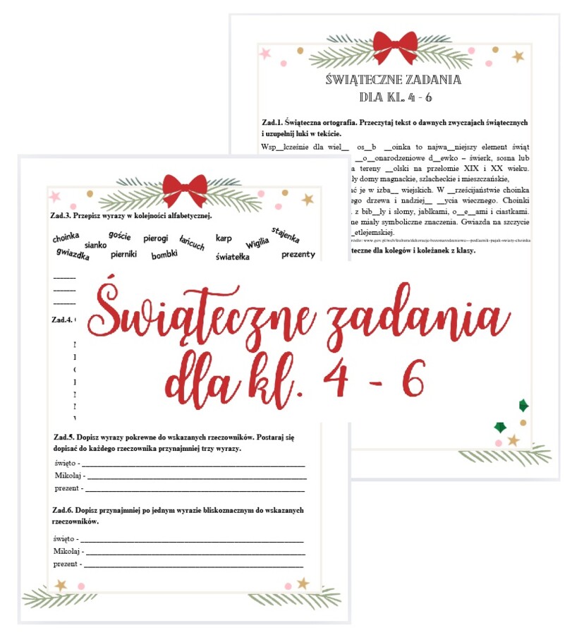Świąteczne zadania z języka polskiego dla kl. 4 - 6 Boże Narodzenie