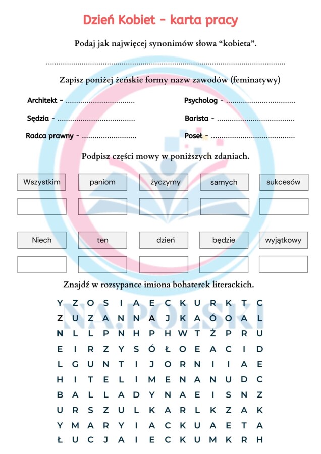 Dzień Kobiet - karta pracy 4-8