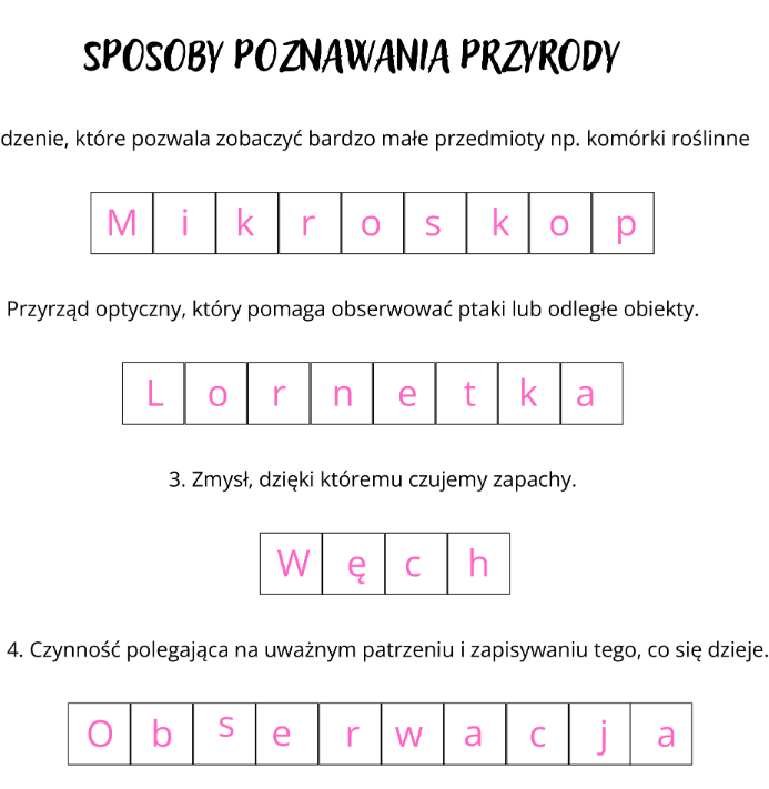Sposoby poznawania przyrody - krzyżówka do rozwiązania przez uczniów
