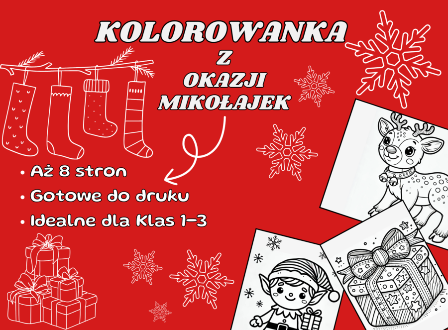 Kolorowanka – Świąteczne Przygody z Mikołajem - 8 stron pełnych śniegu! 🎅🛷🎁
