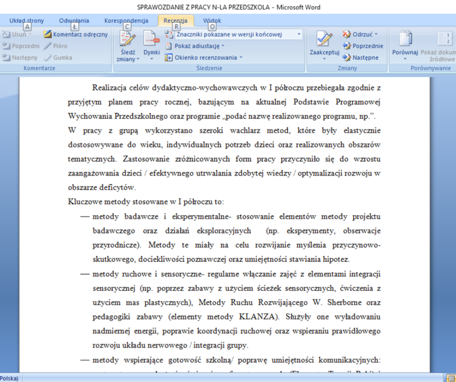Sprawozdanie nauczyciela przedszkola z pracy dydaktyczno-wychowawczo-opiekuńczej za I półrocze