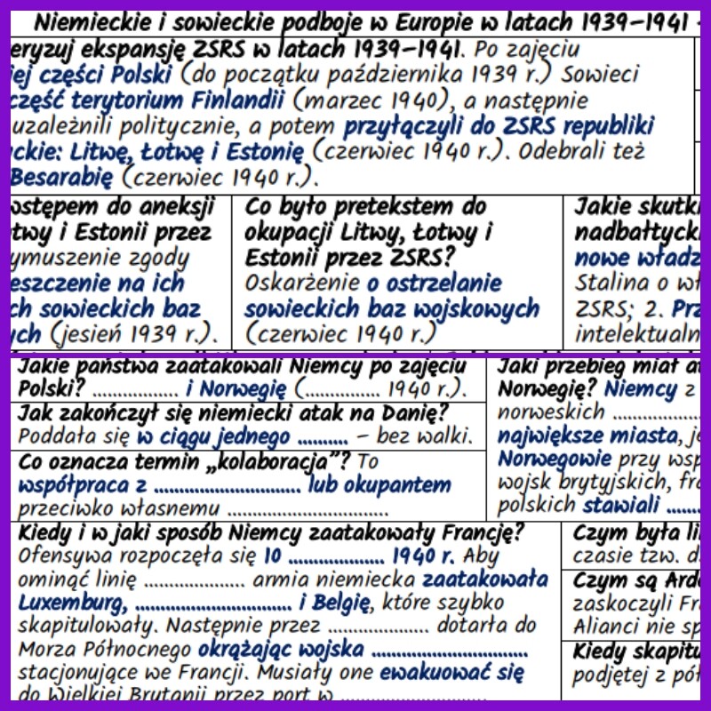 Niemieckie i sowieckie podboje w Europie w latach 1939–1941: notatki i karta pracy