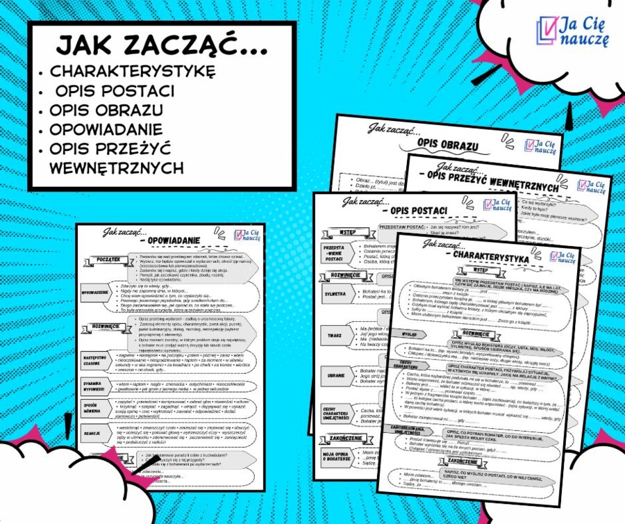 Zestaw: Jak zacząć... charakterystykę, opowiadanie, opis postaci, opis obrazu, opis przeżyć