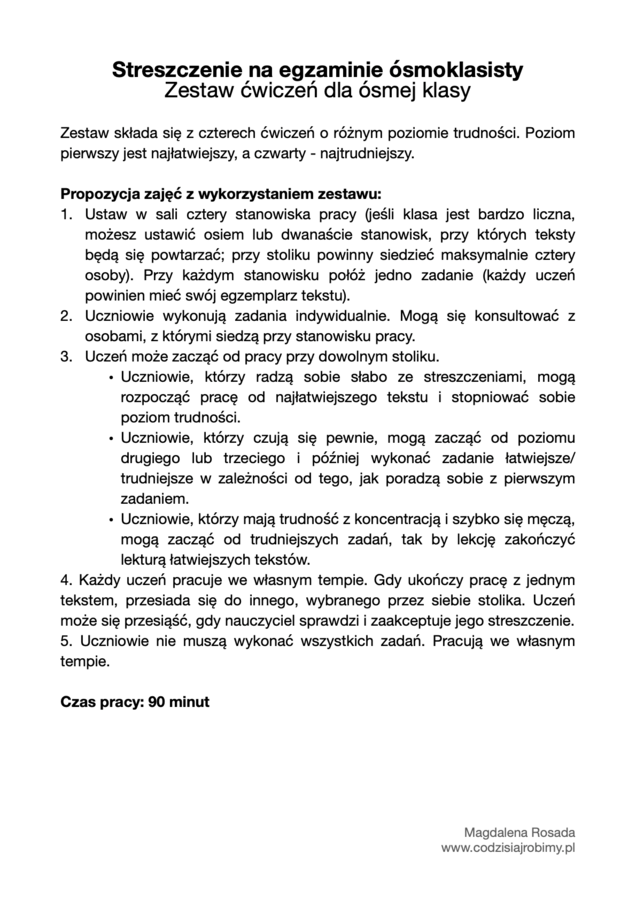 Zestaw ćwiczeń: Streszczenie na egzaminie ósmoklasisty