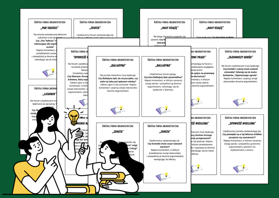 🎴 KRÓTKA  WYPOWIEDŹ  ARGUMENTACYJNA – fiszki – lektury z klas 4-8 – egzamin  - 68 szt.