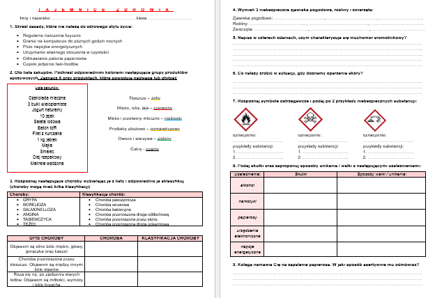 Zdrowie i niebezpieczne sytuacje - karta pracy