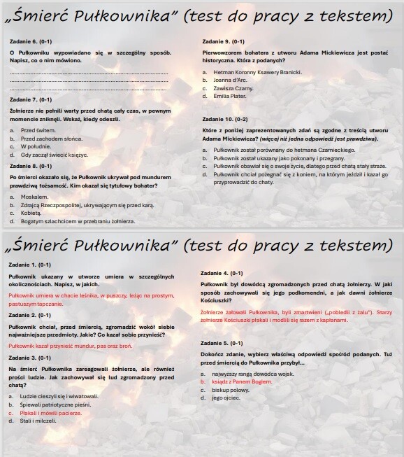 Zestaw testów powtórzeniowych/wprowadzających "Śmierć Pułkownika", "Reduta Ordona", "Świtezianka"
