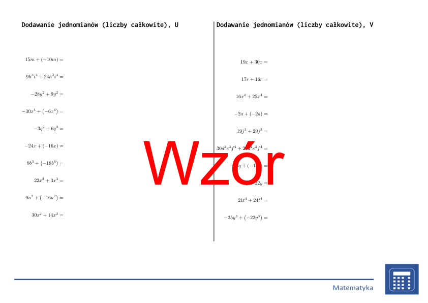 Dodawanie jednomianów (liczby całkowite) | matematyka, algebra | 26 kolumn