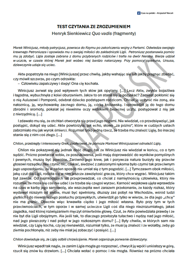 "Quo vadis" (Przemiana Marka Winicjusza) – test czytania ze zrozumieniem.