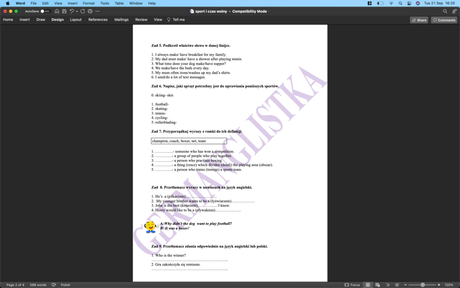Sport i czas wolny- ćwiczenia powtórzeniowe dla ósmoklasisty i nie tylko