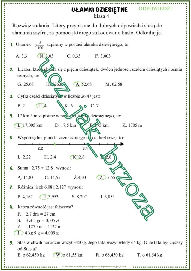 Ułamki dziesiętne, klasa 4, powtórzenie wiadomości, karta pracy z hasłem, rewalidacja, dzień tolerancji