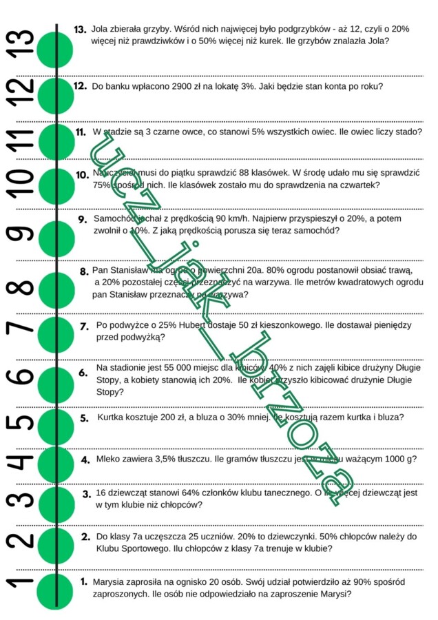 Procenty, zadania tekstowe, klasa 7, sztafeta zadaniowa
