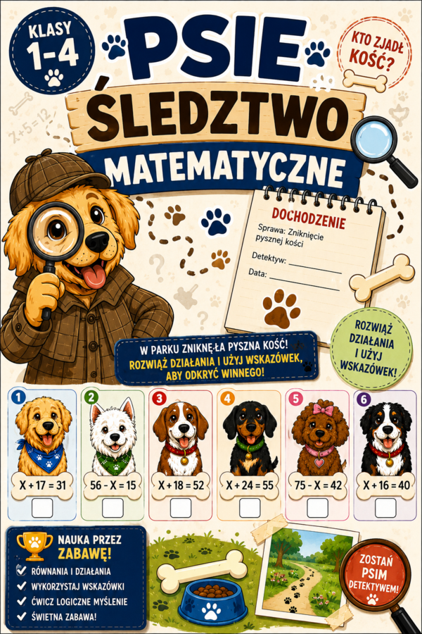 🔎🐶 „Psie śledztwo matematyczne – Kto zjadł kość? | logiczna karta pracy | klasy 1–4”