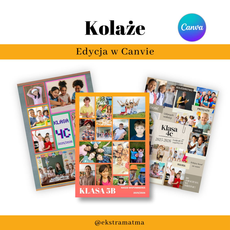 Tablo klasowe - pamiątka dla klasy. Koniec roku. Szblon edytowalny w Canva.