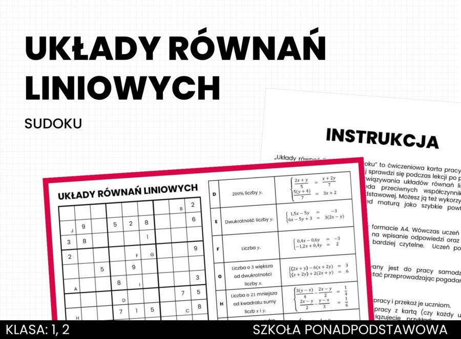 Układy równań liniowych. Sudoku. Matematyka. Liceum. Technikum. Szkoła ponadpodstawowa