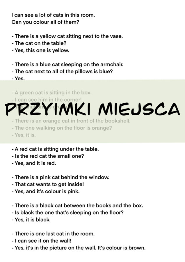 Przyimki miejsca - kocia kolorowanka + opis